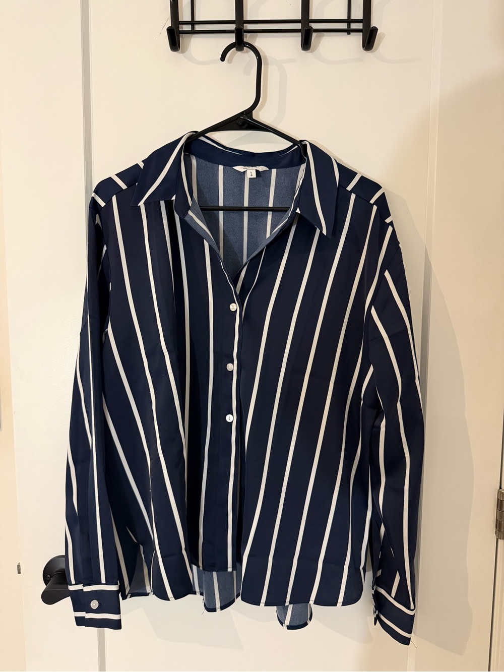 Reitmans Navy and White Vertical Stripe Button-Down Shirt